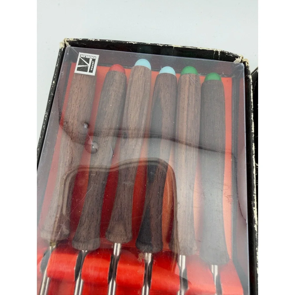 Knobler Fondue Forks Set of 12 Brown Mid‎ Century Modern Wood Japan Stainless